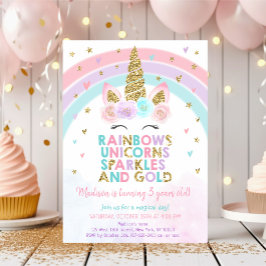 Unicorn Rainbow Rosa Guld Sparkles Birthday Inbjudningar