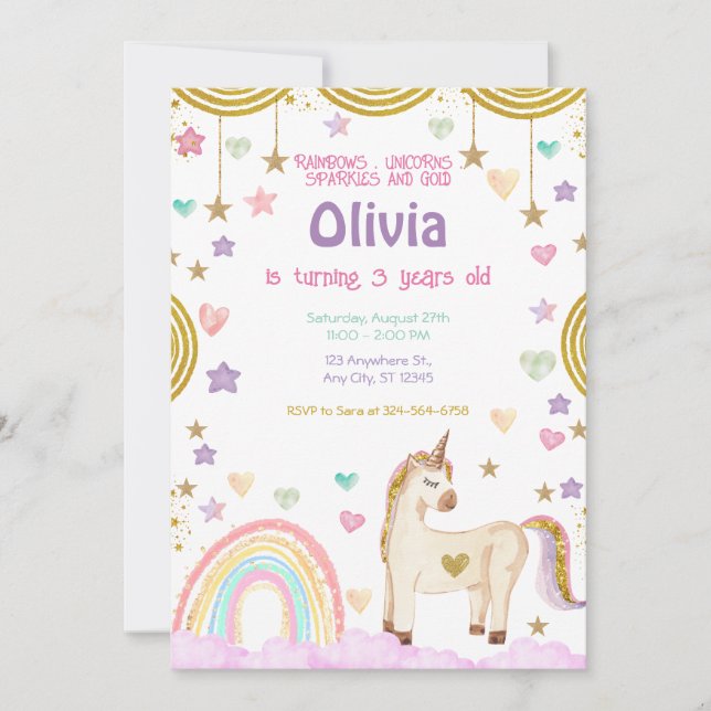Unicorn Rainbow Rosa Guld Sparkles Birthday Inbjudningar (Framsida)