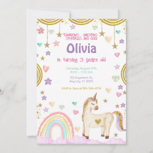 Unicorn Rainbow Rosa Guld Sparkles Birthday Inbjudningar