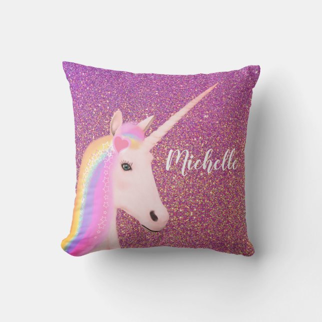 Unicorn Rainbow Rosa Ombre Glitter Personlig Kudde (Framsida)