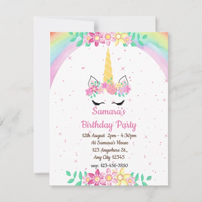 Unicorn Rainbow, Sparkles Birthday-inbjudan (Framsida)