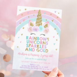 Unicorn Rainbow Sparkles Guld Birthday Inbjudningar