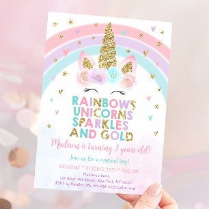 Unicorn Rainbow Sparkles Guld Birthday Inbjudningar