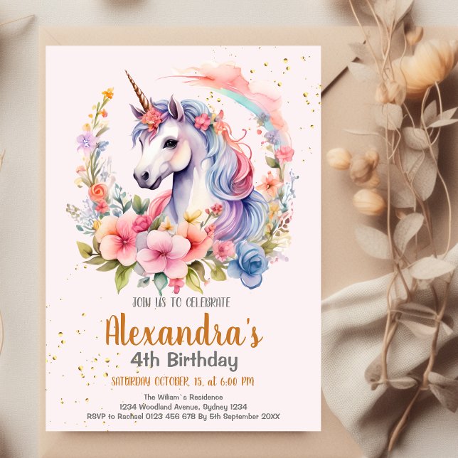 Unicorn Rainbow Sparkles Guld Birthday Inbjudningar (Skapare uppladdad)