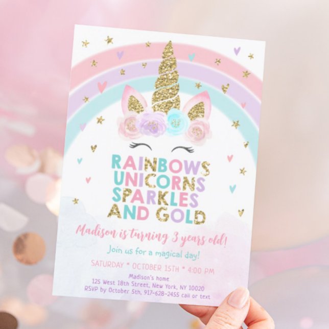Unicorn Rainbow Sparkles Guld Birthday Inbjudningar (Skapare uppladdad)