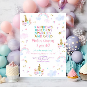 Unicorn Rainbow Sparkles Guld Birthday Inbjudningar