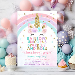 Unicorn Rainbow Sparkles Guld Birthday Inbjudningar