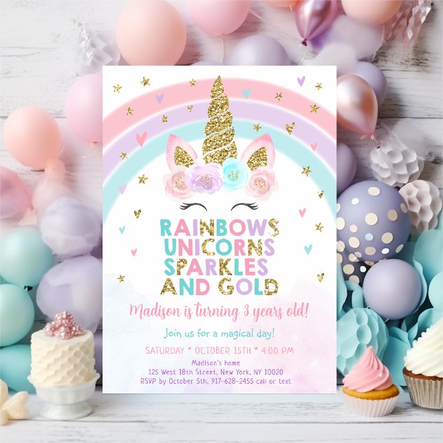 Unicorn Rainbow Sparkles Guld Birthday Inbjudningar (Skapare uppladdad)