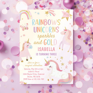 Unicorn Rainbow Sparkles Guld Birthday Inbjudningar