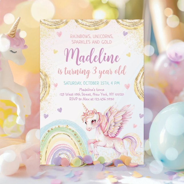 Unicorn Rainbow Sparkles Guld Birthday Inbjudningar (Skapare uppladdad)