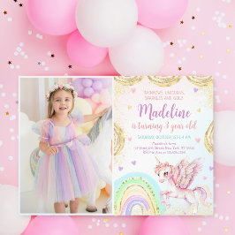 Unicorn Rainbow Sparkles Guld Birthday Photo Inbjudningar