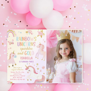 Unicorn Rainbow Sparkles Guld Birthday Photo Inbjudningar