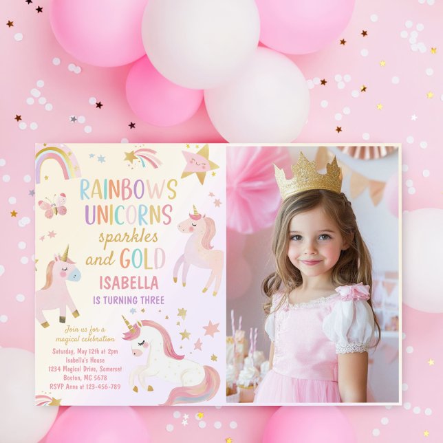 Unicorn Rainbow Sparkles Guld Birthday Photo Inbjudningar (Skapare uppladdad)