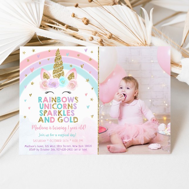Unicorn Rainbow Sparkles Guld Inbjudningar (Skapare uppladdad)