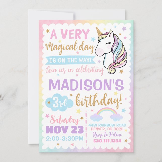 Unicorn Rainbow Stars Cute Birthday-inbjudan Inbjudningar (Framsida)