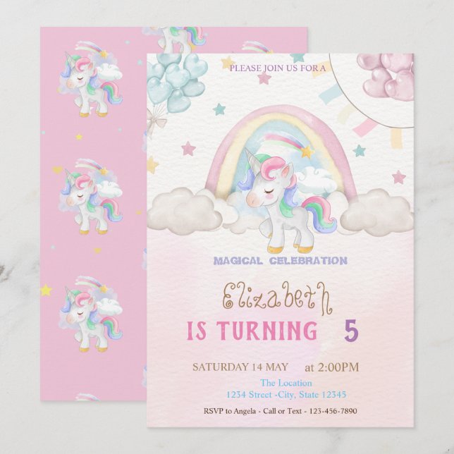Unicorn Rainbow Stars Hearts Ballots Birthday Inbjudningar (Fram/baksida)