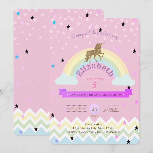 Unicorn,Rainbow Stars,Zigzag Birthday-inbjudan Inbjudningar (Fram/baksida)