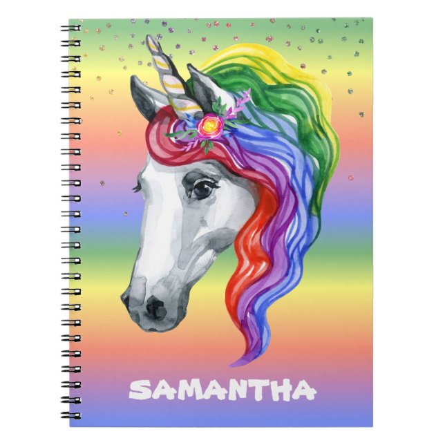 Unicorn Rainbow Watercolor Monogram Namn   Anteckningsbok (Framsidan)