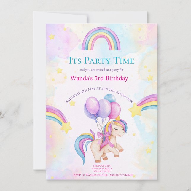 Unicorn & Rainbows Kids Party bjudan Inbjudningar (Framsida)
