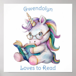 Unicorn Reading a Bok Cute for Nursery Blue Text Poster