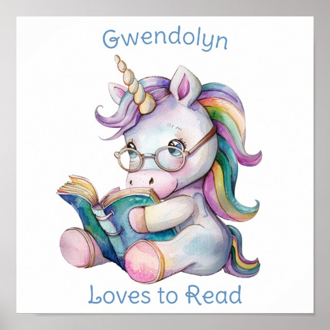 Unicorn Reading a Bok Cute for Nursery Blue Text Poster (Framsidan)