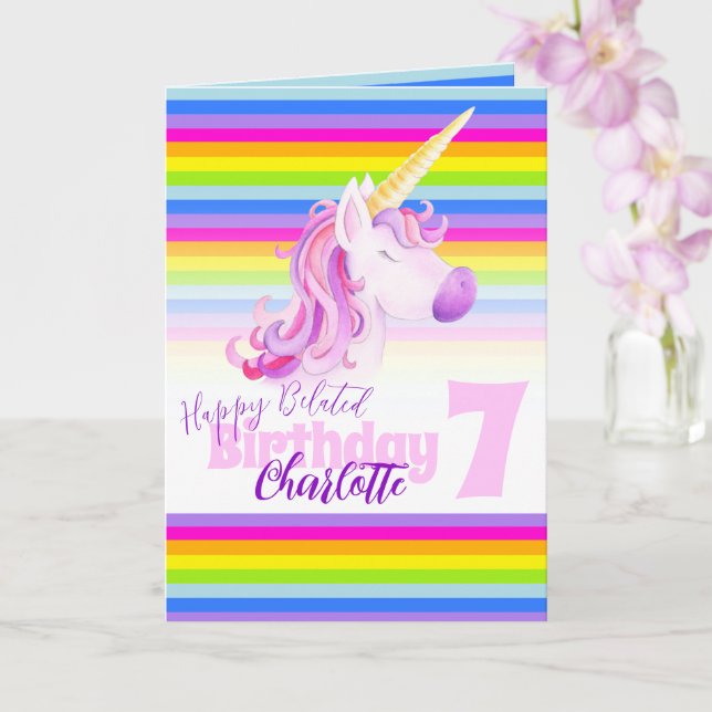 Unicorn-regnbågssenat 7:e-födelsedagskort kort (Orkide)