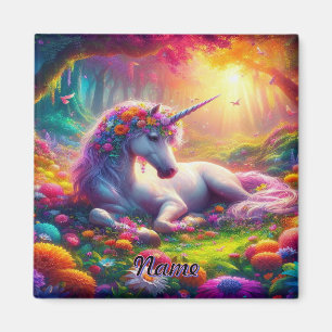 Unicorn Rester i en Vibrant Enchanted Forest Magnet