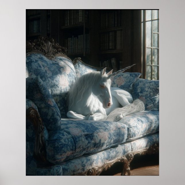 Unicorn Resting on Floral Sofa Poster (Framsidan)