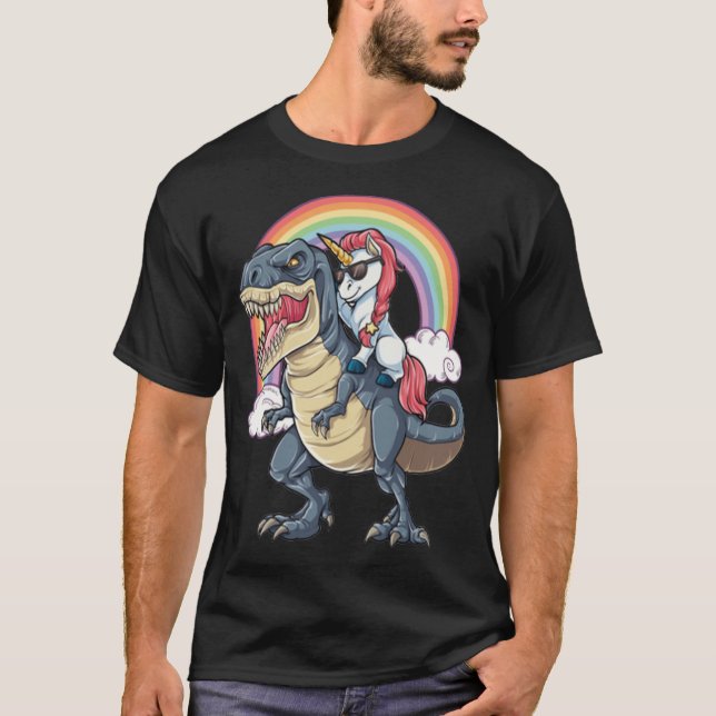 Unicorn Riding Dinosaur kärlek far T Shirt (Framsida)