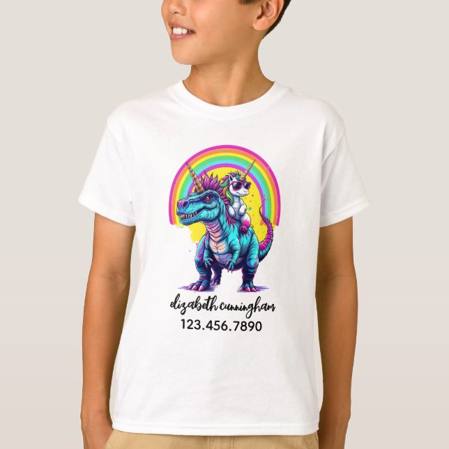 Unicorn Riding Dinosaur Rainbow Name school T Shirt (Framsida)