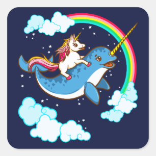 Unicorn Riding Narwhal Compact Fyrkantigt Klistermärke