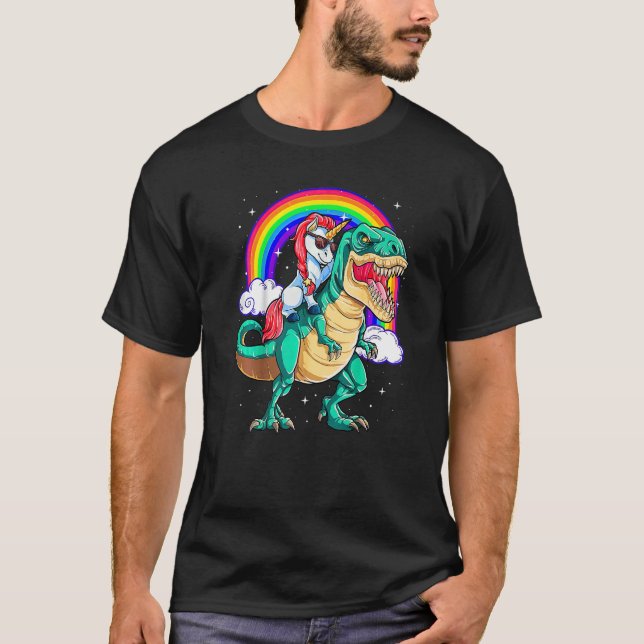 Unicorn Riding rex Dinosaur Boys Girls Manar Kvinn T Shirt (Framsida)