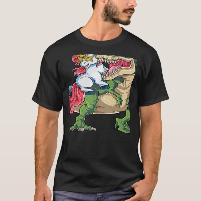 Unicorn Riding rex Dinosaur Rainbow Boys Girls Tee (Framsida)