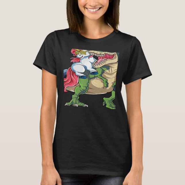 Unicorn Riding rex Dinosaur Rainbow Boys Girls Tee (Framsida)