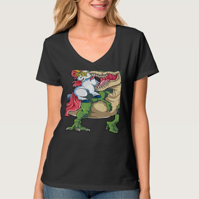 Unicorn Riding rex Dinosaur Rainbow Boys Girls Tee (Framsida)