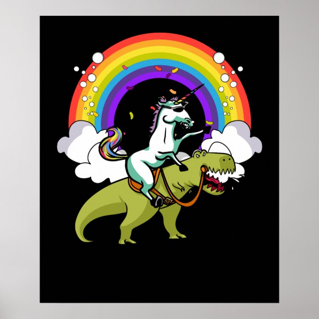 Unicorn Riding T-Rex Dinosaur Magic Rainbow Poster (Framsidan)
