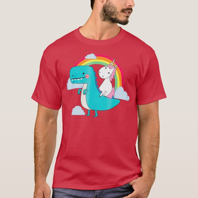 Unicorn Riding TRex Dinosaur Rainbow T Shirt (Framsida)