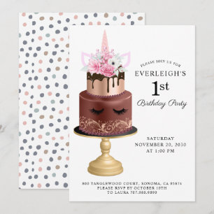 Unicorn Ro Guld Chocolate Cake 1:a födelsedagen Inbjudningar
