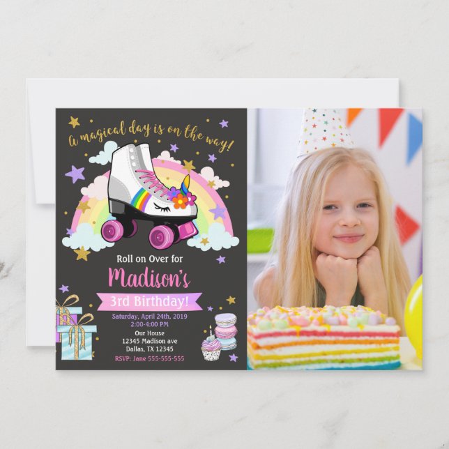 Unicorn Roller Skate Birthday Invitation Inbjudningar (Framsida)