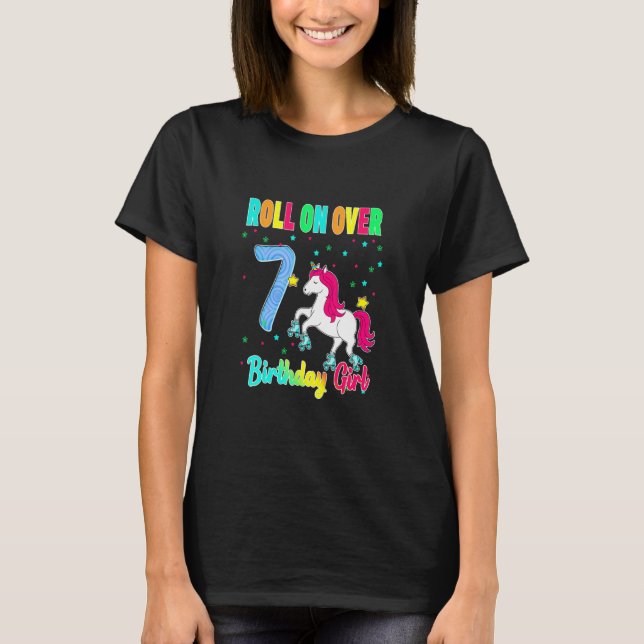 Unicorn Roller Skate Party Theme Age 7 T Shirt (Framsida)