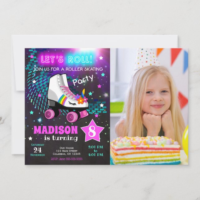 Unicorn Roller Skating Birthday Party Invitation Inbjudningar (Framsida)