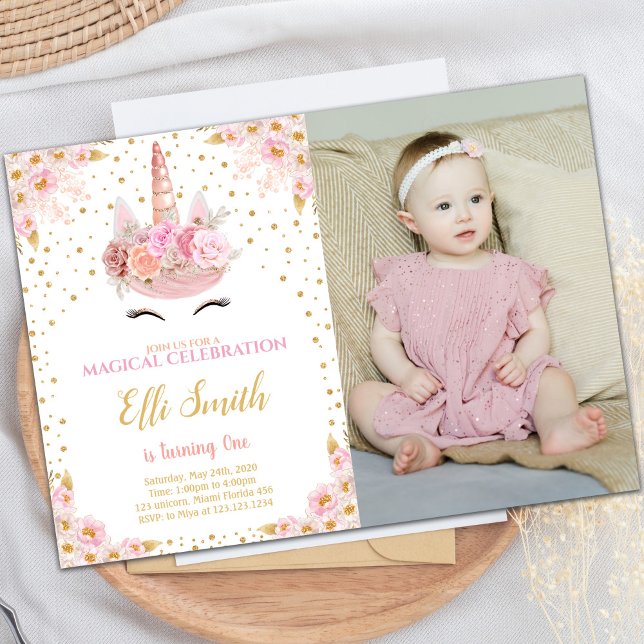 Unicorn Rosa Birthday-inbjudningar med foto Inbjudningar (Unicorn Pink Birthday Invitations with photo)