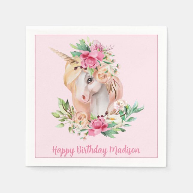 Unicorn Rosa Blommigt Birthday Pappersservett (Framsidan)