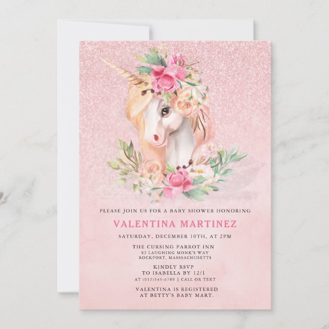 Unicorn Rosa Blommigt Glitter Baby Shower Inbjudningar (Framsida)
