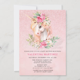 Unicorn Rosa Blommigt Glitter Baby Shower Inbjudningar