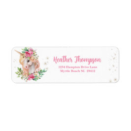 Unicorn Rosa Blommigt Returadress Etikett