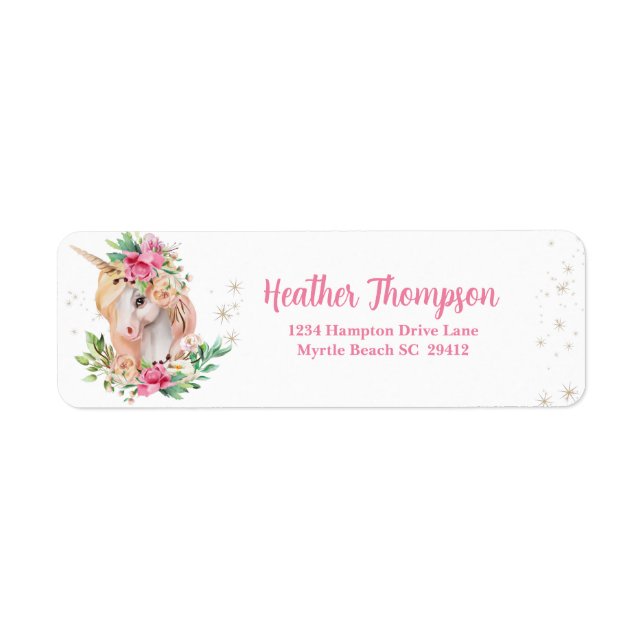 Unicorn Rosa Blommigt Returadress Etikett (Framsidan)