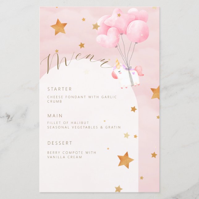 Unicorn Rosa Clouds Girl Baby Shower Menu (Framsida)