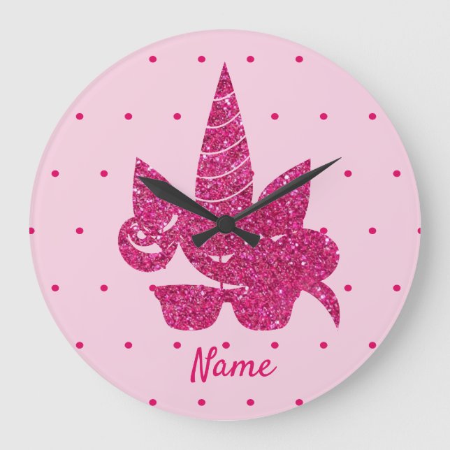 Unicorn rosa faux glitter söt sunglass girgig stor klocka (Framsida)