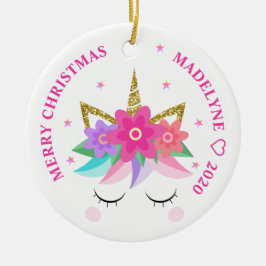 Unicorn Rosa Flowers Glitter Personlig Namn Julgransprydnad Keramik